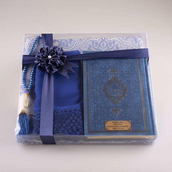 Shawl + Prayer Mat + Salah Beads + Quran Gift Set (Hafiz Size, Navy Blue)