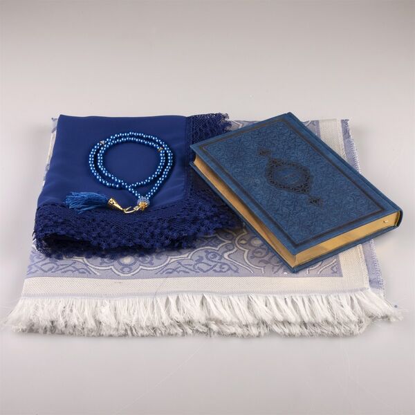Shawl + Prayer Mat + Salah Beads + Quran Gift Set (Hafiz Size, Navy Blue)