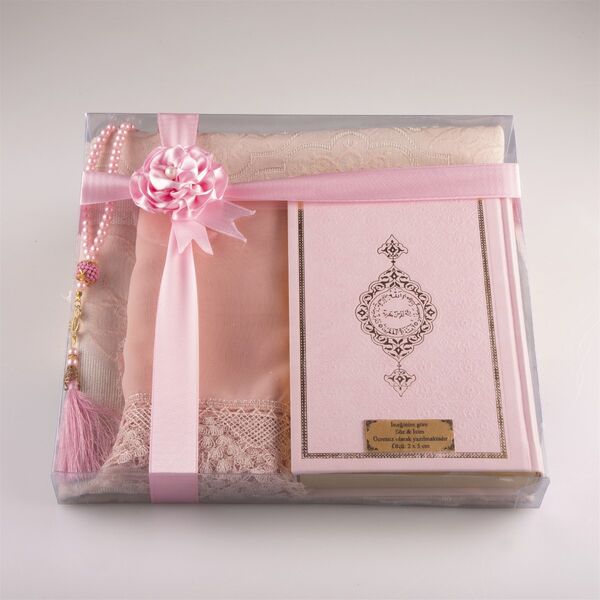 Shawl + Prayer Mat + Salah Beads + Quran Gift Set (Hafiz Size, Powder Pink) 