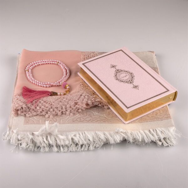 Shawl + Prayer Mat + Salah Beads + Quran Gift Set (Hafiz Size, Powder Pink) 