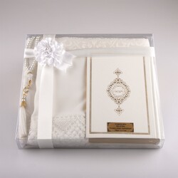 Shawl + Prayer Mat + Salah Beads + Quran Gift Set (Hafiz Size, White1) - Thumbnail