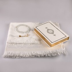 Shawl + Prayer Mat + Salah Beads + Quran Gift Set (Hafiz Size, White1) - Thumbnail