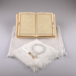 Shawl + Prayer Mat + Salah Beads + Quran Gift Set (Hafiz Size, White1) - Thumbnail
