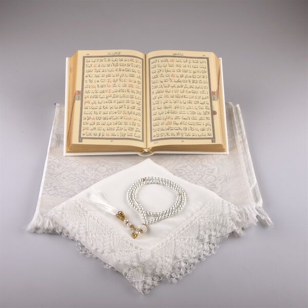 Shawl + Prayer Mat + Salah Beads + Quran Gift Set (Hafiz Size, White1)
