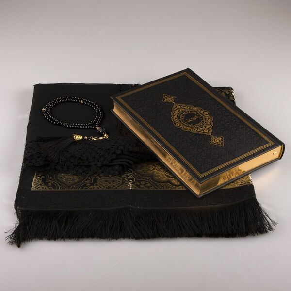 Shawl + Prayer Mat + Salah Beads + Quran Gift Set (Medium Size, Black1)