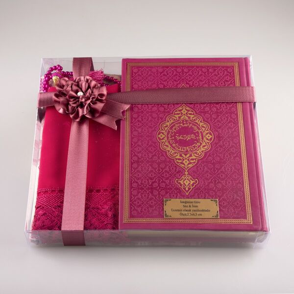 Shawl + Prayer Mat + Salah Beads + Quran Gift Set (Medium Size, Fuchsia Pink) 