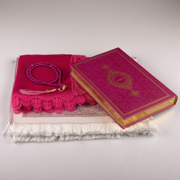 Shawl + Prayer Mat + Salah Beads + Quran Gift Set (Medium Size, Fuchsia Pink) 