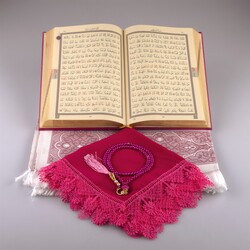 Shawl + Prayer Mat + Salah Beads + Quran Gift Set (Medium Size, Fuchsia Pink) - Thumbnail
