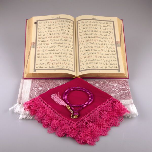 Shawl + Prayer Mat + Salah Beads + Quran Gift Set (Medium Size, Fuchsia Pink) 