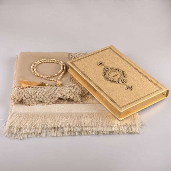 Shawl + Prayer Mat + Salah Beads + Quran Gift Set (Medium Size, Gold1)