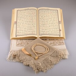 Shawl + Prayer Mat + Salah Beads + Quran Gift Set (Medium Size, Gold1) - Thumbnail