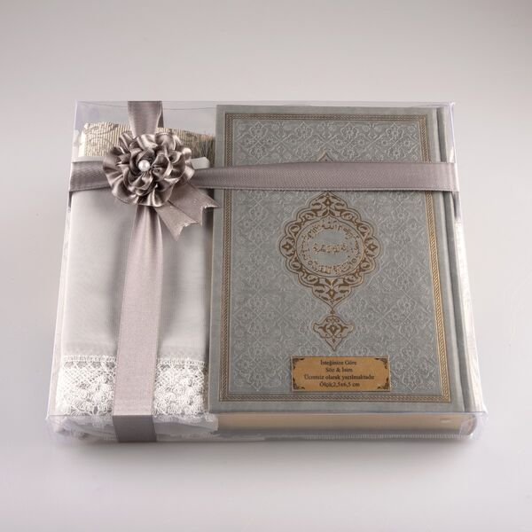 Shawl + Prayer Mat + Salah Beads + Quran Gift Set (Medium Size, Grey)