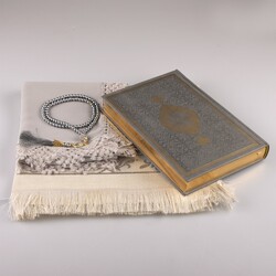 Shawl + Prayer Mat + Salah Beads + Quran Gift Set (Medium Size, Grey) - Thumbnail