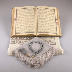 Shawl + Prayer Mat + Salah Beads + Quran Gift Set (Medium Size, Grey) - Thumbnail