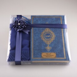 Shawl + Prayer Mat + Salah Beads + Quran Gift Set (Medium Size, Navy Blue) - Thumbnail