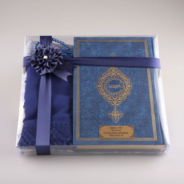 Shawl + Prayer Mat + Salah Beads + Quran Gift Set (Medium Size, Navy Blue) 