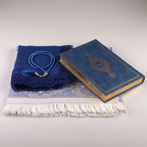 Shawl + Prayer Mat + Salah Beads + Quran Gift Set (Medium Size, Navy Blue)