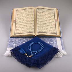 Shawl + Prayer Mat + Salah Beads + Quran Gift Set (Medium Size, Navy Blue) - Thumbnail