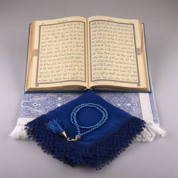 Shawl + Prayer Mat + Salah Beads + Quran Gift Set (Medium Size, Navy Blue) 