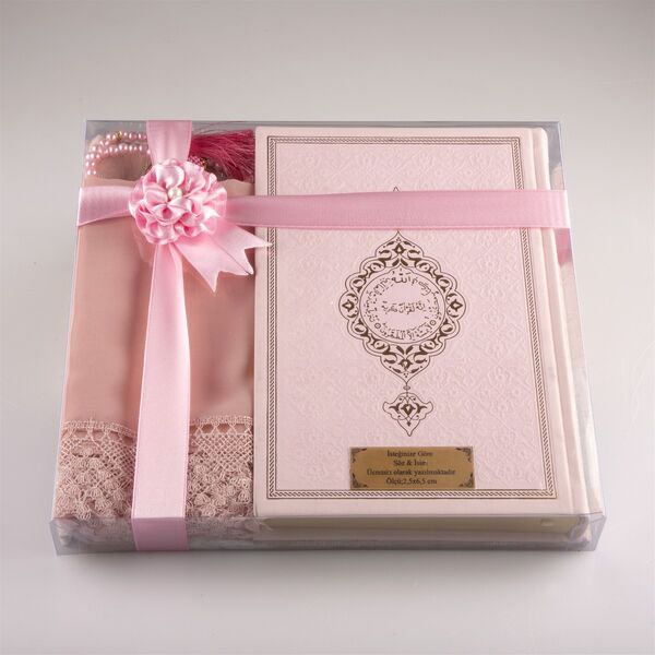 Shawl + Prayer Mat + Salah Beads + Quran Gift Set (Medium Size, Powder Pink) 