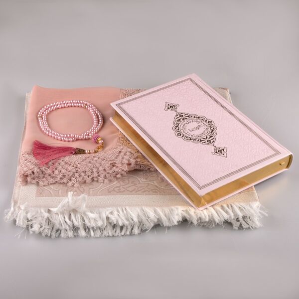 Shawl + Prayer Mat + Salah Beads + Quran Gift Set (Medium Size, Powder Pink) 