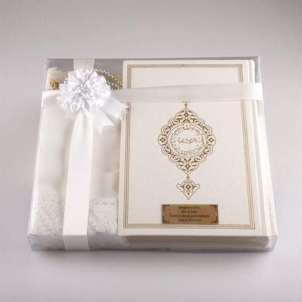 Shawl + Prayer Mat + Salah Beads + Quran Gift Set (Medium Size, White1)