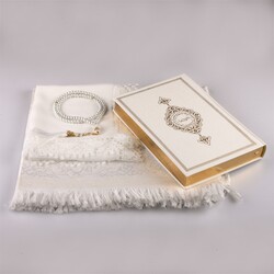 Shawl + Prayer Mat + Salah Beads + Quran Gift Set (Medium Size, White1) - Thumbnail