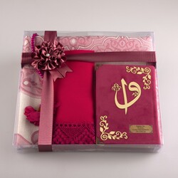 Shawl + Prayer Mat + Salah Beads + Velvet Bound Quran Gift Set (Bag Size, Fuchsia Pink) - Thumbnail