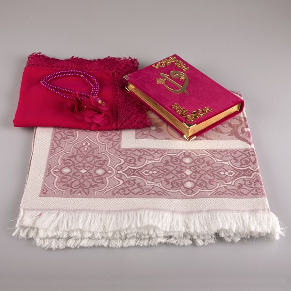 Shawl + Prayer Mat + Salah Beads + Velvet Bound Quran Gift Set (Bag Size, Fuchsia Pink) 