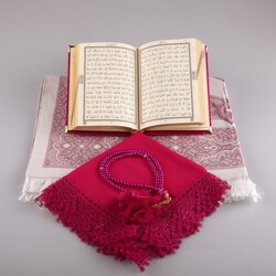 Shawl + Prayer Mat + Salah Beads + Velvet Bound Quran Gift Set (Bag Size, Fuchsia Pink) - Thumbnail