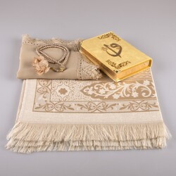 Shawl + Prayer Mat + Salah Beads + Velvet Bound Quran Gift Set (Bag Size, Gold1) - Thumbnail