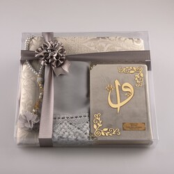 Shawl + Prayer Mat + Salah Beads + Velvet Bound Quran Gift Set (Bag Size, Grey) - Thumbnail