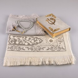 Shawl + Prayer Mat + Salah Beads + Velvet Bound Quran Gift Set (Bag Size, Grey) - Thumbnail