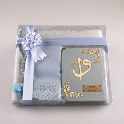 Shawl + Prayer Mat + Salah Beads + Velvet Bound Quran Gift Set (Bag Size, Light Blue) - Thumbnail