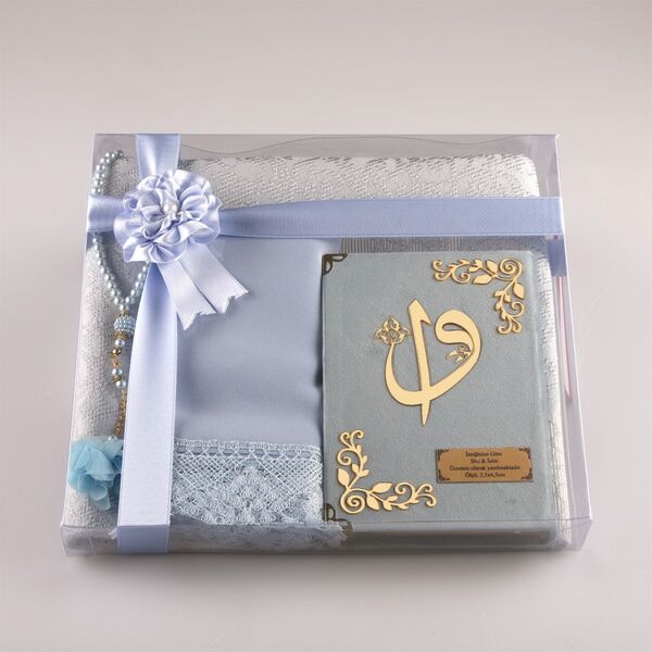 Shawl + Prayer Mat + Salah Beads + Velvet Bound Quran Gift Set (Bag Size, Light Blue) 