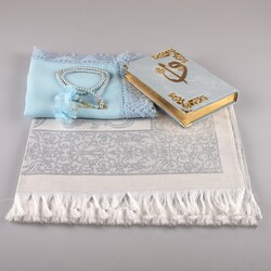 Shawl + Prayer Mat + Salah Beads + Velvet Bound Quran Gift Set (Bag Size, Light Blue) - Thumbnail