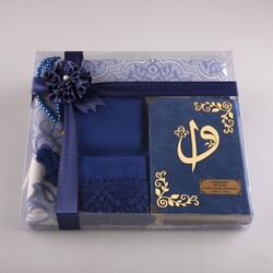 Shawl + Prayer Mat + Salah Beads + Velvet Bound Quran Gift Set (Bag Size, Navy Blue) - Thumbnail