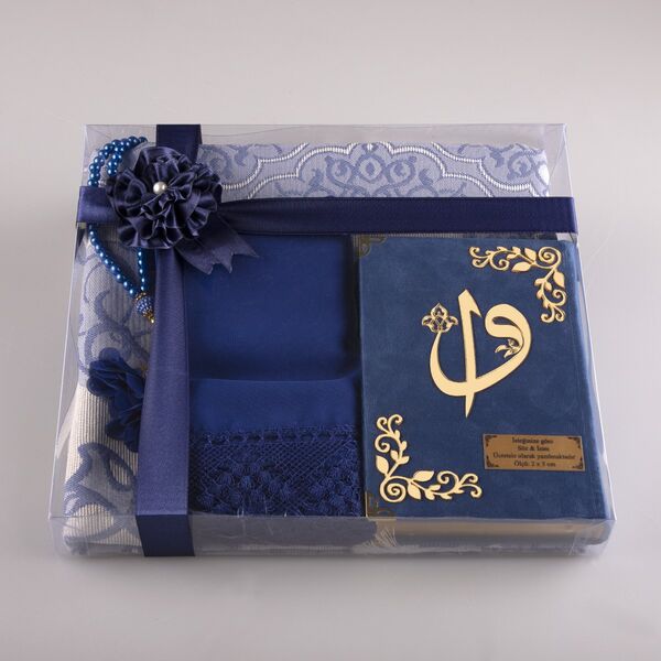 Shawl + Prayer Mat + Salah Beads + Velvet Bound Quran Gift Set (Bag Size, Navy Blue) 