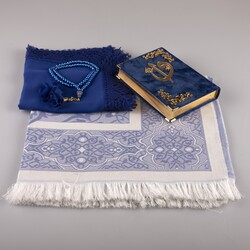 Shawl + Prayer Mat + Salah Beads + Velvet Bound Quran Gift Set (Bag Size, Navy Blue) - Thumbnail