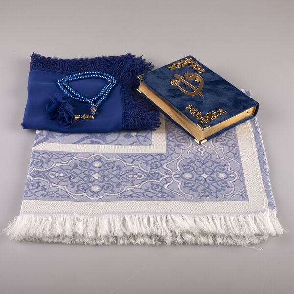 Shawl + Prayer Mat + Salah Beads + Velvet Bound Quran Gift Set (Bag Size, Navy Blue) 