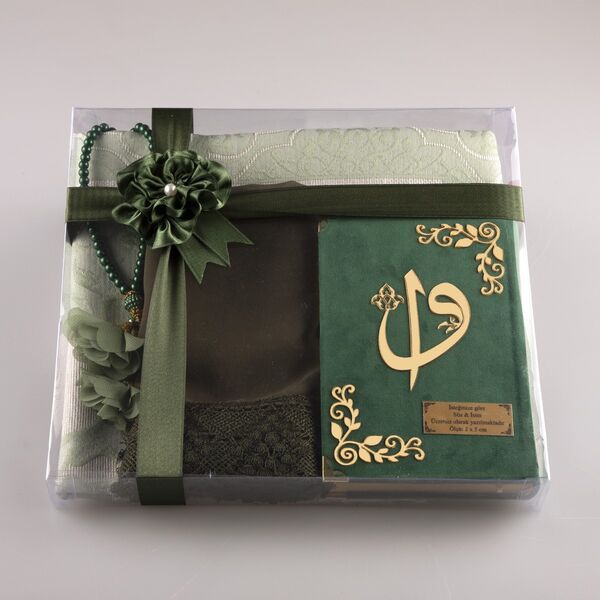 Shawl + Prayer Mat + Salah Beads + Velvet Bound Quran Gift Set (Bag Size, Olive Green) 