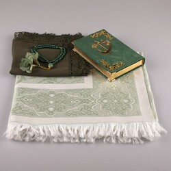 Shawl + Prayer Mat + Salah Beads + Velvet Bound Quran Gift Set (Bag Size, Olive Green) - Thumbnail