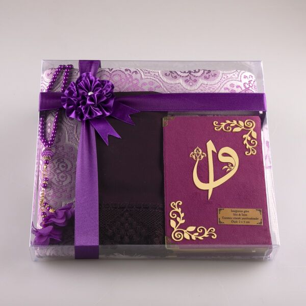 Shawl + Prayer Mat + Salah Beads + Velvet Bound Quran Gift Set (Bag Size, Purple) 