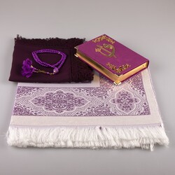 Shawl + Prayer Mat + Salah Beads + Velvet Bound Quran Gift Set (Bag Size, Purple) - Thumbnail