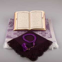 Shawl + Prayer Mat + Salah Beads + Velvet Bound Quran Gift Set (Bag Size, Purple) - Thumbnail