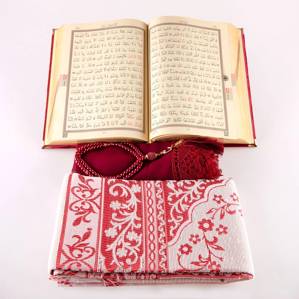 Shawl + Prayer Mat + Salah Beads + Velvet Bound Quran Gift Set (Bag Size, Red)