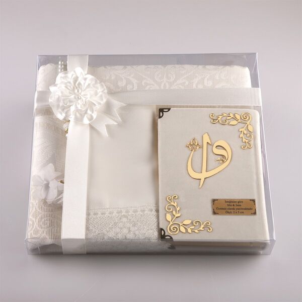 Shawl + Prayer Mat + Salah Beads + Velvet Bound Quran Gift Set (Bag Size, White1) 