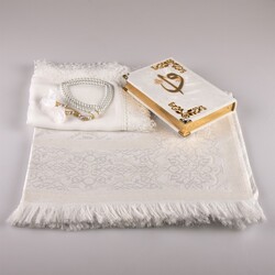 Shawl + Prayer Mat + Salah Beads + Velvet Bound Quran Gift Set (Bag Size, White1) - Thumbnail