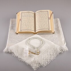Shawl + Prayer Mat + Salah Beads + Velvet Bound Quran Gift Set (Bag Size, White1) - Thumbnail