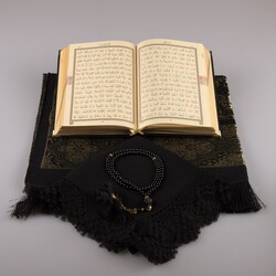 Shawl + Prayer Mat + Salah Beads + Velvet Bound Quran Gift Set (Hafiz Size, Black1) - Thumbnail